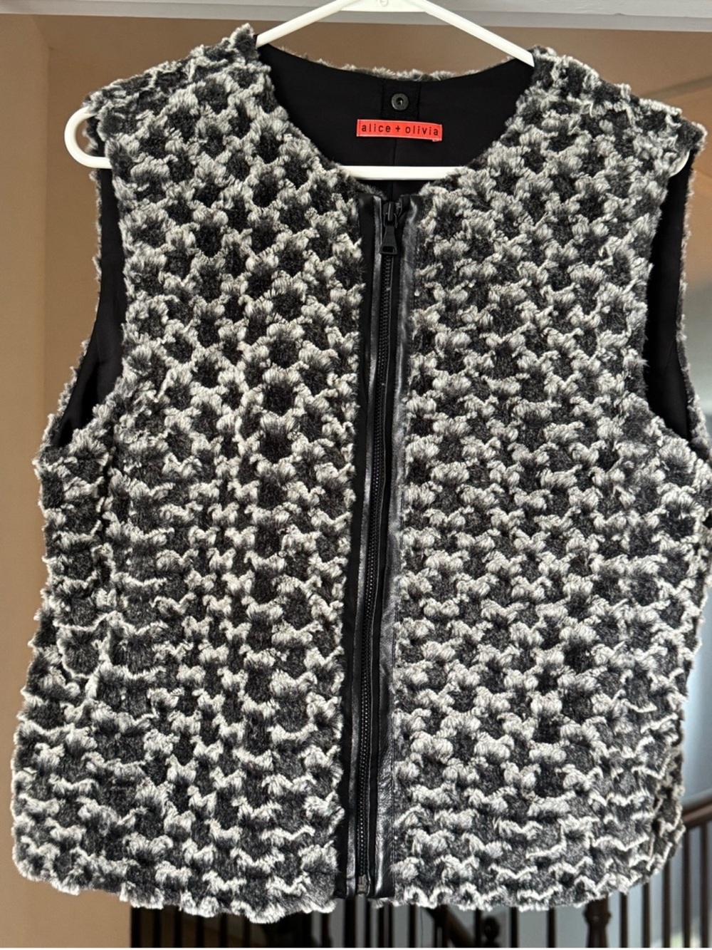 Alice + Olivia Black Gray Faux Fur Zip Front Moto Vest